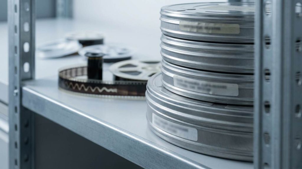 Catalogued 16mm elements on archive shelving before assessment