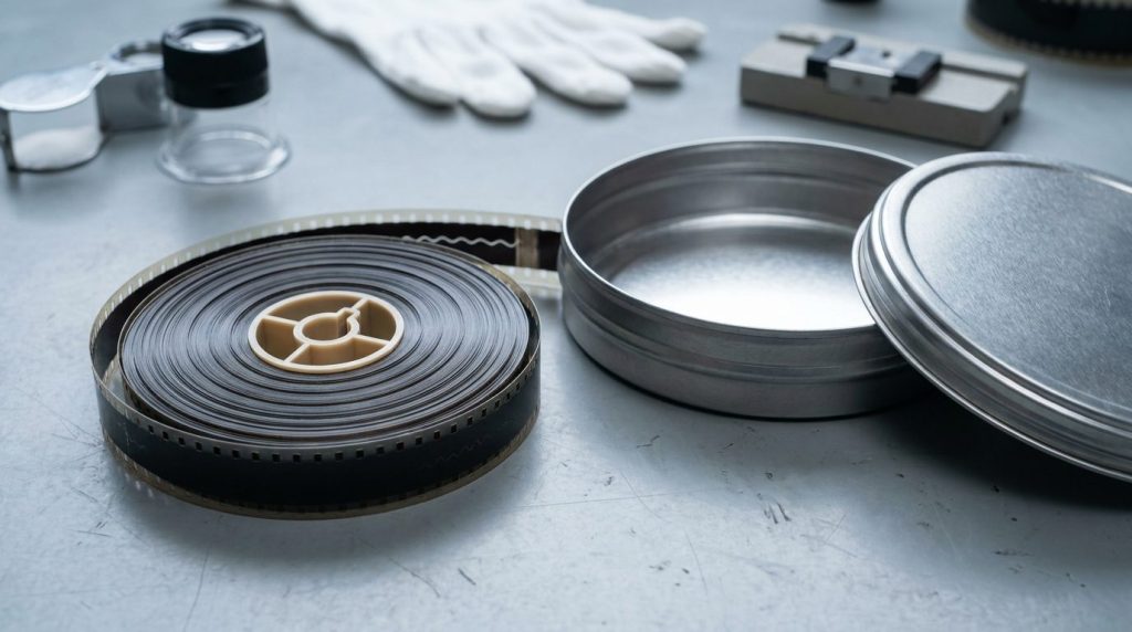 A 16mm element on a core beside its can on the inspection bench
