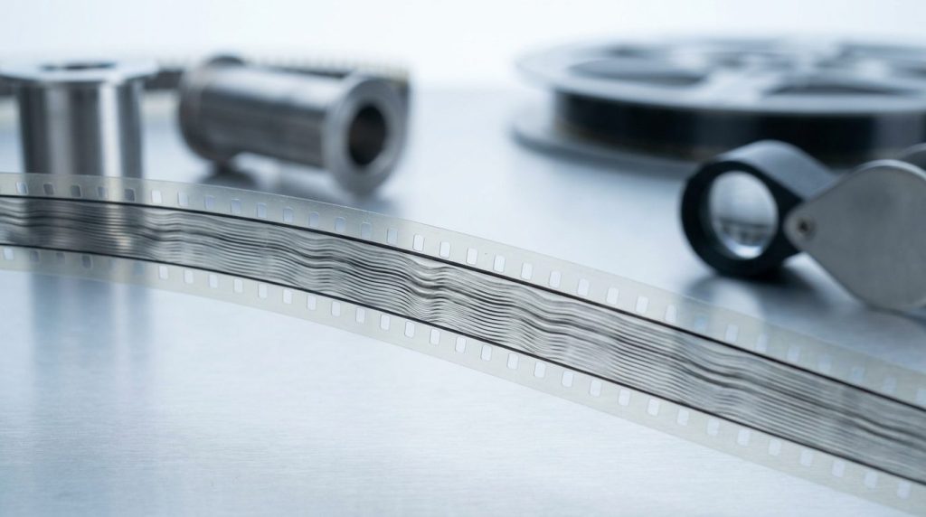 The optical sound track along the edge of a 16mm print, read as light rather than magnetically